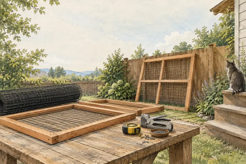 Illustration of cedar frame panels and a roll of wire mesh on a workbench