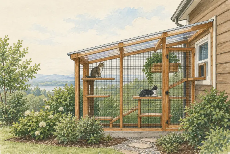 Illustration of a lean-to catio against a house wall