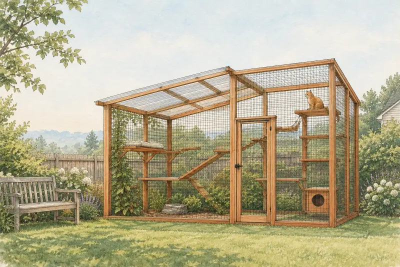 Illustration of a freestanding walk-in catio in a yard